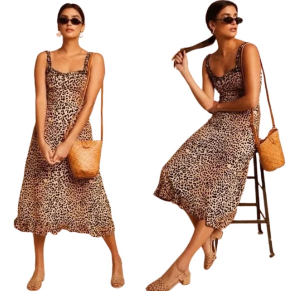 Faithfull the Brand Leopard Print Midi Dress in Brown and Black